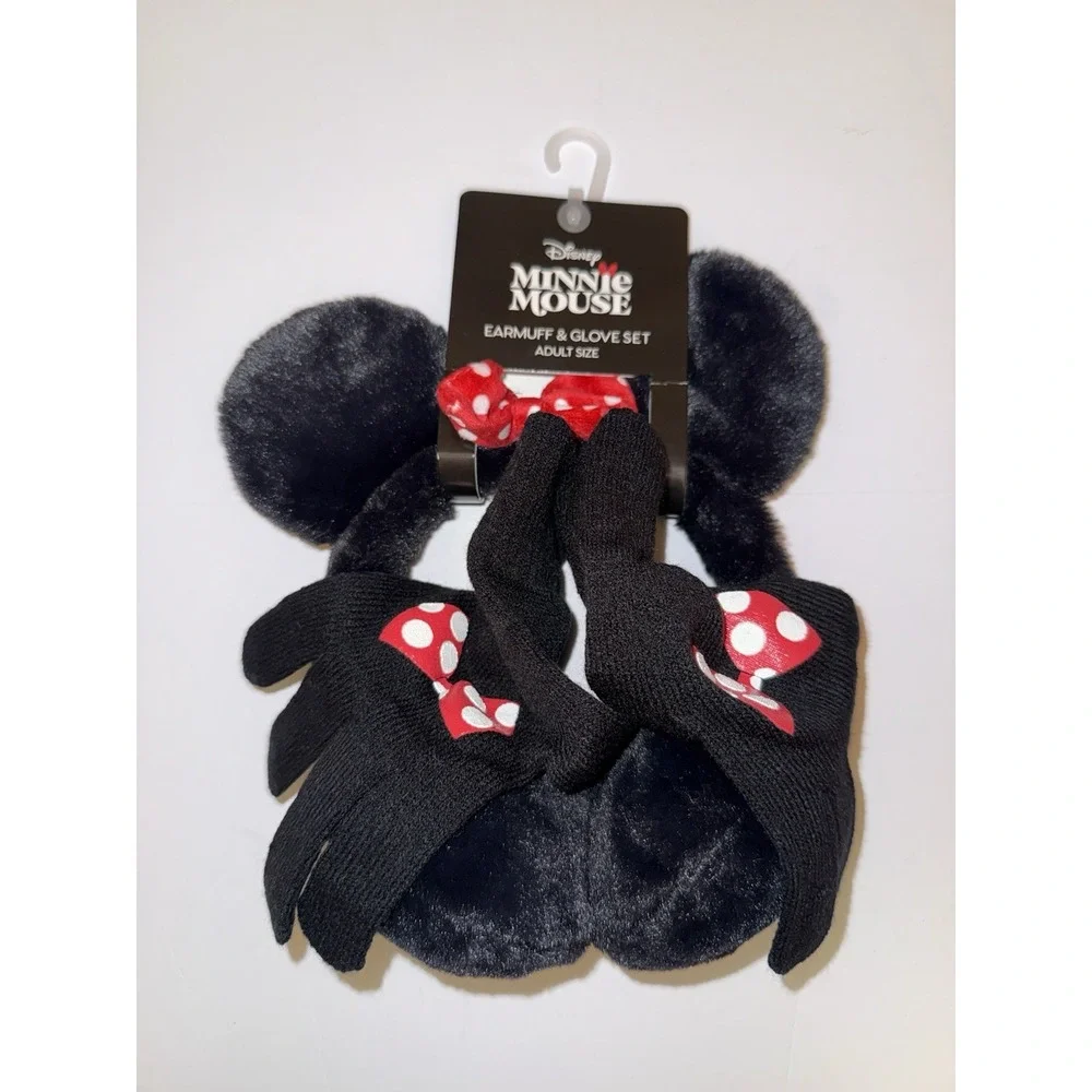 Disney Minnie Mouse Earmuffs & Gloves Set Adult Black Red Polka Dot Winter NWT